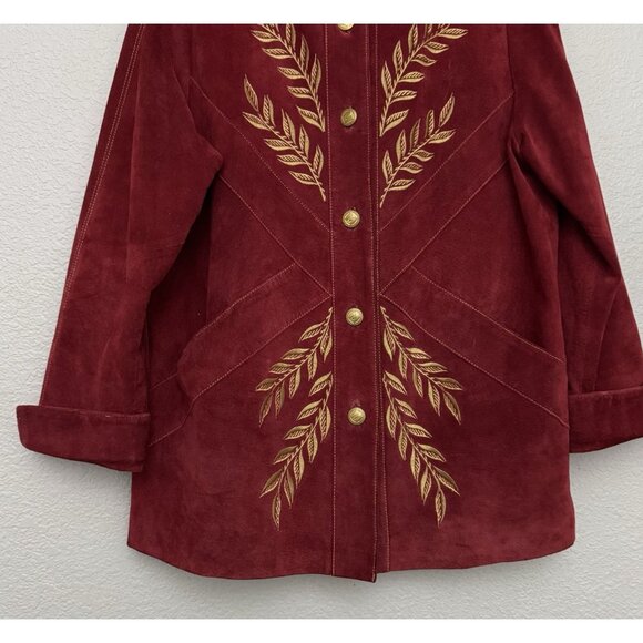 Bob Mackie Wearable Art Jacket Medium Red Suede Gold Embroidered Western Boho - Picture 10 of 16